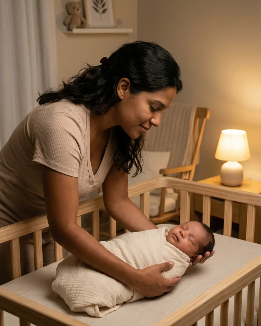 Mãe serena com bebê dormindo no berço